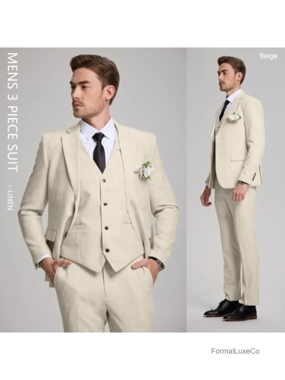 3 Piece Linen Suit for Men Slim Fit Tuxedo Blazer Vest Pants Set Wedding Prom